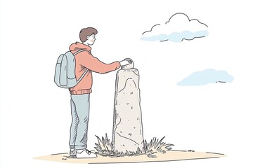 A person stands by a sacred stone monument, engaging with the symbol of spirituality in a serene outdoor setting with clouds above.