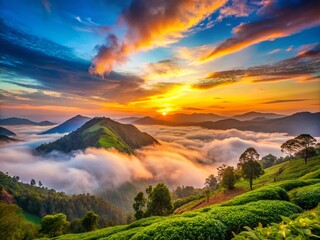 Wall Mural - Stunning Sunrise Over Kolukkumalai Mountains with Fog and Clouds in Kerala - Breathtaking Morning View