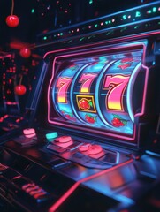 Fototapete - The vibrant slot machine displays spinning reels with classic symbols like cherries, sevens, and bars while glowing in a lively casino environment. Generative AI