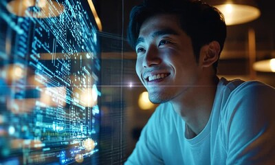 A Man Smiles Looking at a Blue Screen of Code