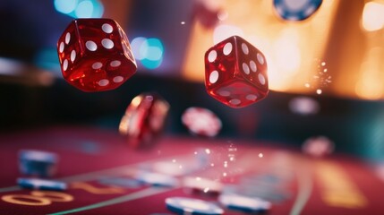 Flying red dice dance above a craps table, surrounded by colorful chips in a bustling casino filled with excitement. Generative AI