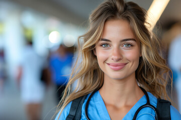 Wall Mural - Radiant Young Woman with Blue Backpack Smiling Outdoors