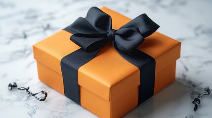 Elegant orange gift box with black ribbon on marble surface