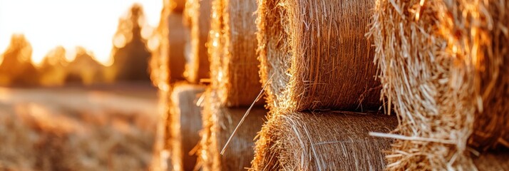 Poster - Golden stacks of harvested hay bask in sunlight against a colorful fall backdrop, capturing the beauty of autumn on a sunny day. Generative AI