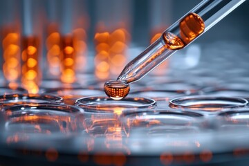 Poster - A scientist performing a precise liquid transfer with a pipette in a modern laboratory setting