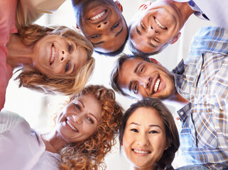 Poster - Business people, portrait and office huddle with team, collaboration and proud group. Employees, united staff and confidence in company mission at workplace, low angle and diversity at media agency