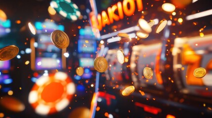 Coins and vibrant poker chips cascade through the air as a slot machine lights up, signaling a big jackpot win in the casino. Generative AI