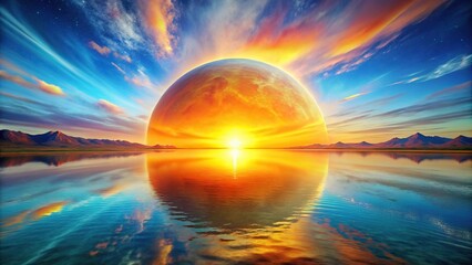 Colorful surreal landscape with a large sun and blue lake