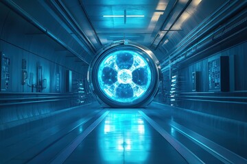 Futuristic transport tunnel with glowing portal in a science fiction setting at night