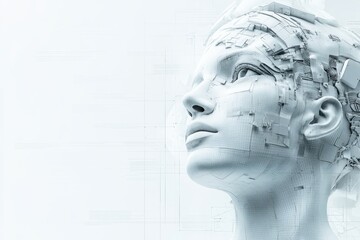 Poster - A sleek humanoid figure of digital elements in a minimalist, tech-driven setting