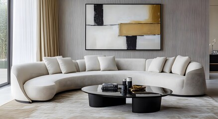 An elegant and comfortable living room decorating idea is curved sofa in beige tones, soft seats for relaxation. The space has a neutral color palette with abstract art on the walls and a coffee table