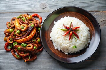 Wall Mural - Plate of white rice with sweet and spicy black squid