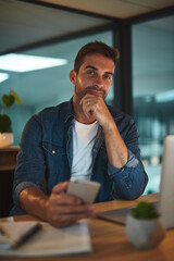 Poster - Office, night and portrait of business man with phone for social media, networking and contact. Working late, professional and person on smartphone for online chat, internet research and website