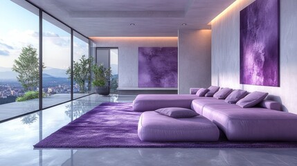 Poster - A living room with a purple couch and a purple rug