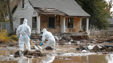 Poster - Disaster Recovery. Workers in Protective Suits Cleaning Flood-Damaged Home