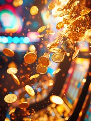 Fototapete - A thrilling display of golden coins spills from a slot machine, captivating onlookers with sparkling wealth and vibrant casino lights. Generative AI