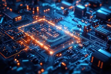 Poster - Intricate circuit board with glowing components in a high-tech electronics environment