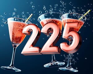 Three refreshing cocktails with bubbles and a large number 225, perfect for celebrations or special occasions.