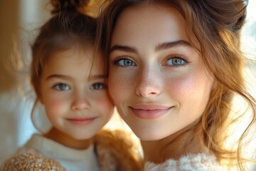 Two smiling girls with blue eyes share a joyful moment indoors during daylight