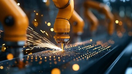 Poster - Industrial Revolution 4.0: Robotic precision welding sparks innovation. Close-up view of robotic arms performing a welding process with sparks flying.  