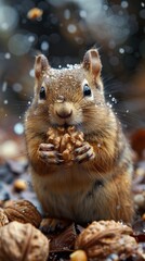 Poster - Cute Squirrel Eating a Nut in the Rain