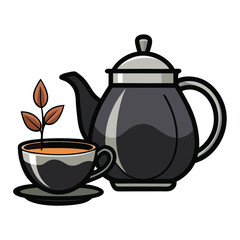 Black tea set isolated on white background. Glass cup and teapot, fresh and dried tea leaves. Vector illustration in cartoon simple flat style.