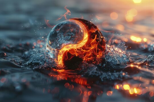 Yin-Yang symbol made of fire and ice, representing the balance between contrasting elements.