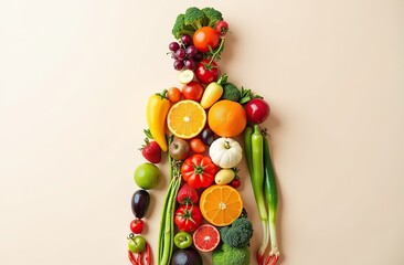 human body made of fresh fruits and vegetables on light background . Healthy nutrition concept. Close-up from waist up