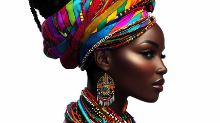 Wall Mural - Portrait of a beautiful african black woman with many colorful accessories. stunning brightly colored outfits, white background. Zulu Tribe. Illustration