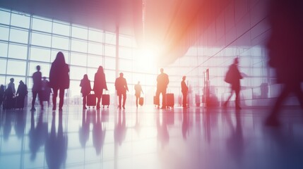 Poster - Diverse group of passengers with luggage walking through a modern airport terminal, silhouetted against a bright window, capturing the bustling energy of airport life