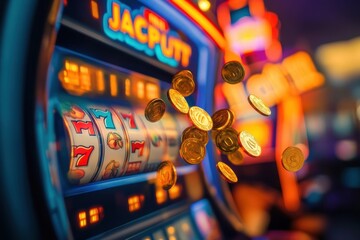 Aufkleber - Coins and poker chips burst into the air as the slot machine celebrates a jackpot win in a lively casino environment. Generative AI