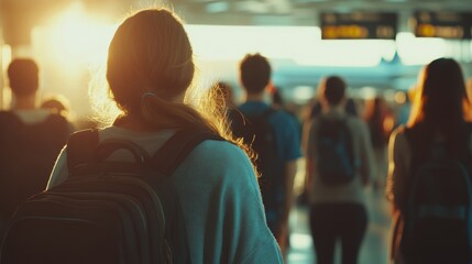 Poster - Travelers stroll through a busy airport terminal at sunset, dragging luggage, surrounded by a diverse crowd. The warm, golden light creates a serene atmosphere for their journey