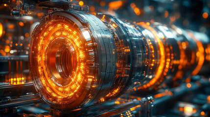 Poster - A high-tech rotating industrial device with vibrant orange lighting, showcasing futuristic engineering and intricate details