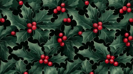 Seamless pattern of vibrant holly leaves and bright red berries on a dark background, perfect for festive designs.