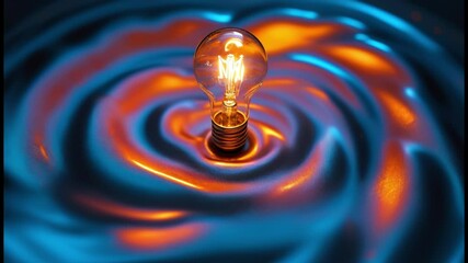 Poster - A single lightbulb, illuminated from within, rests upon a swirling symphony of iridescent liquid, creating a dynamic spectacle of color and form