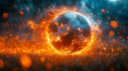 A soccer ball engulfed in flames, symbolizing intense energy and passion. Ideal for depicting competitive sports spirit