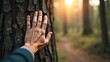 © Din Nasahrudin - Hand touching tree trunk in forest promoting environmental care