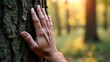 © Din Nasahrudin - Hand touching tree trunk in forest promoting environmental care