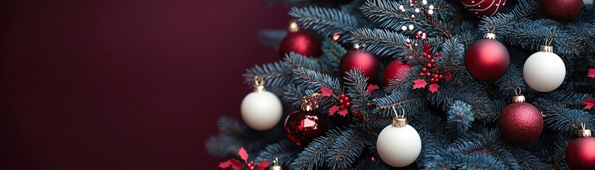 A beautifully decorated Christmas tree featuring red and white ornaments, with a rich, dark background adding warmth to the festive scene.