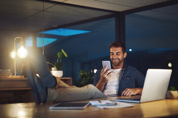 Aufkleber - Night, office and man with phone, laptop and online search for social media post at digital agency. Late, relax and creative consultant with smartphone for scroll, communication or business contact
