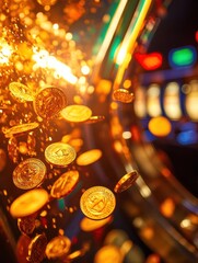 Poster - A cascade of shimmering golden coins pours out of the slot machine, filling the air with excitement and anticipation in a bustling casino. Generative AI