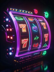 Fototapete - The spinning reels of a bright slot machine display classic symbols like cherries and sevens, capturing the thrill of gambling. Generative AI