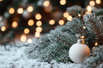 Wall Mural - festive christmas tree branch with white ornament twinkling lights