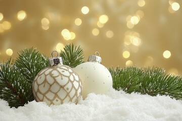 Wall Mural - sparkling christmas ornaments on snowy pine