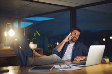 Poster - Relax, office and happy man with phone call, laptop and smile for contact, connection or night at digital agency. Late, chat or design consultant with smartphone, networking or business communication