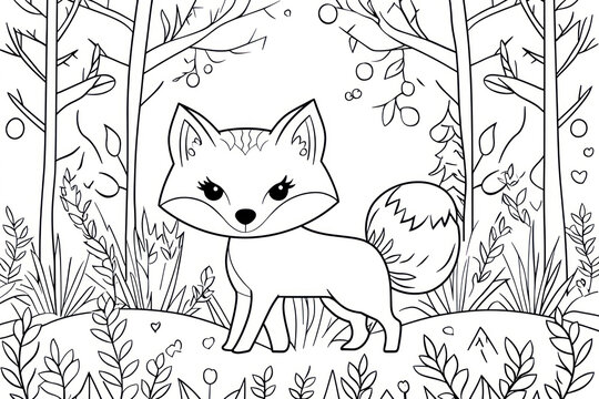 Fox, coloring page for kids, line art, black and white.