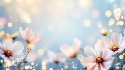Wall Mural - serene cosmos flowers on sparkling blue background