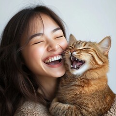 A joyful woman laughing while cuddling a happy cat, showcasing a warm and affectionate bond between them.