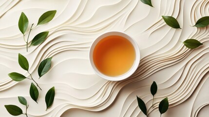 Poster - A teacup filled with warm tea sits peacefully amidst fresh leaves, forming soft, undulating waves on a smooth, ivory background. Generative AI