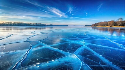 Cracked blue ice surface of frozen lake